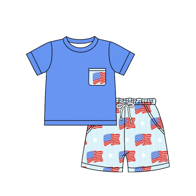 Preorder BSSO1258 National day outfit American Flag Boy Blue short sleeve top shorts Summer clothes  Baby Boys boutique outfit 202501