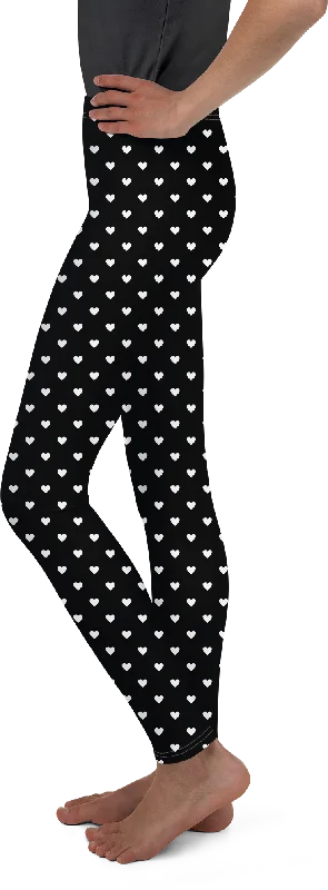 White Mini Hearts Black Youth Leggings