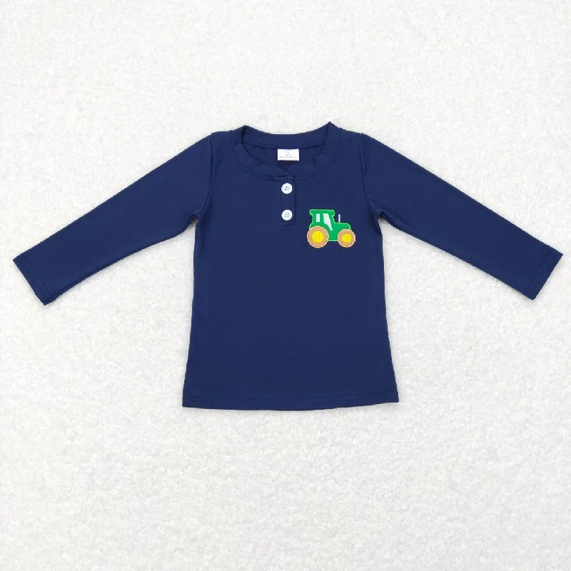 GT0355  Blue Green Farm Truck  Embroidery Girls Long Sleeve Top T-shirts