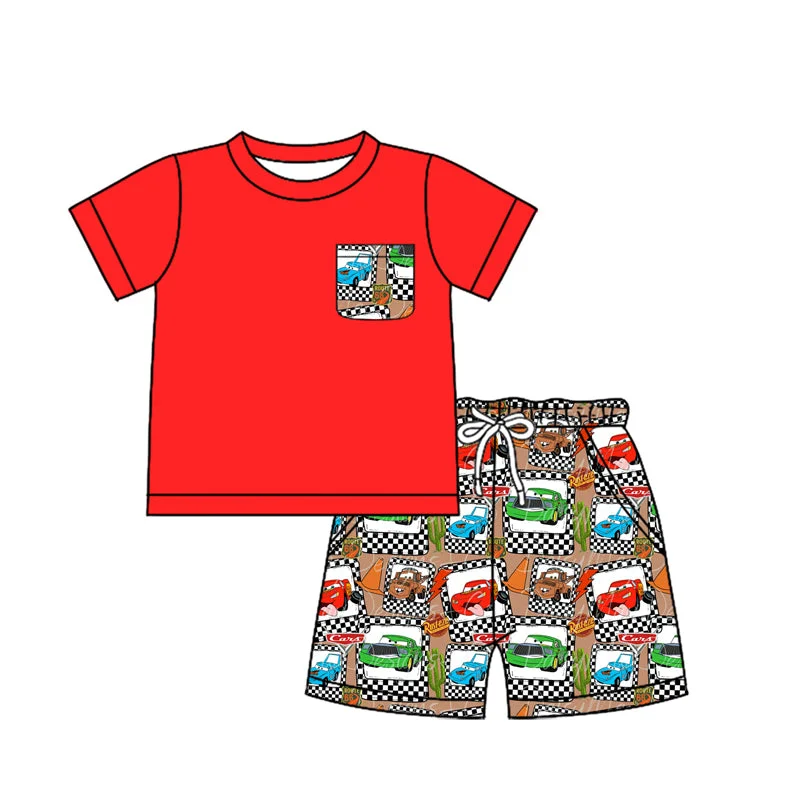 Preorder BSSO1256 Red car pattern Short sleeve Top Brown Shorts with pocket  Boys boutique summer sets 202501