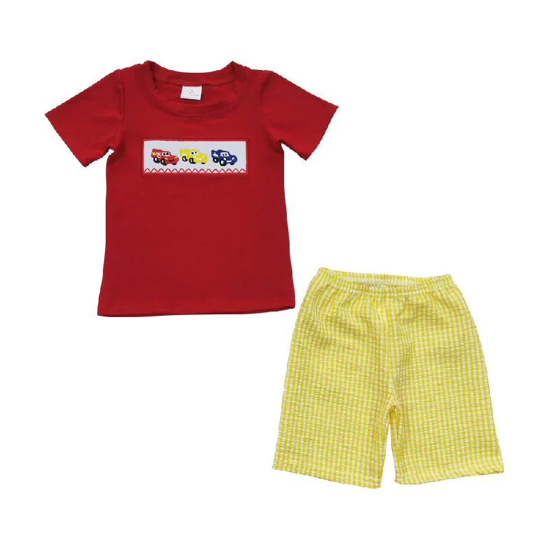 BSSO0133 Red cartoon pattern Short sleeve top Yellow check shorts outfit  Boy Boutique Outfit  RTS 202412