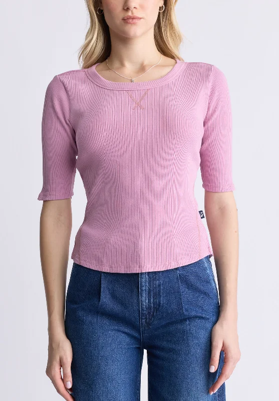 Tabbey Women's Elbow-Length Sleeve Ribbed Top, Lilas Pink - KT0152F