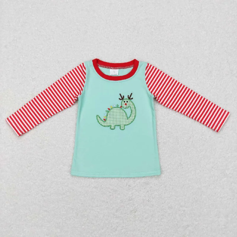 BT0422 Christmas Red green Embroidery Girls Long Sleeve Top T-shirts