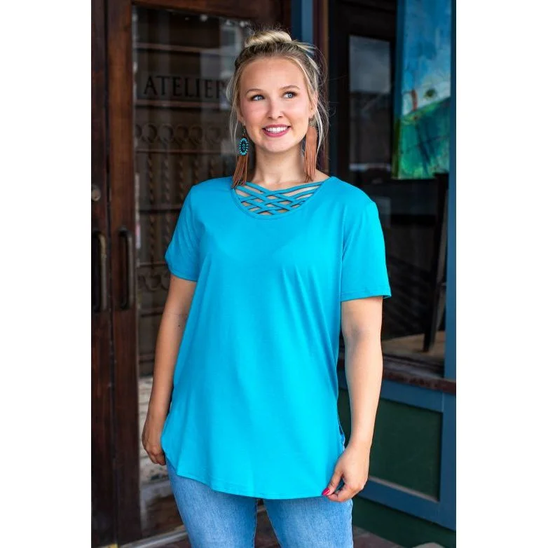 Turquoise Short Sleeve Caged Neck Curved Hem with Side Slit