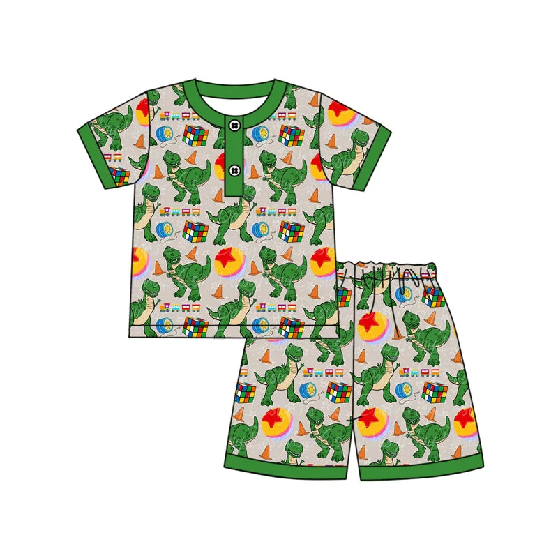 Preorder BSSO1255 Green Dinosaur Button Outfit Short sleeve Top Shorts Boys boutique summer sets 202501