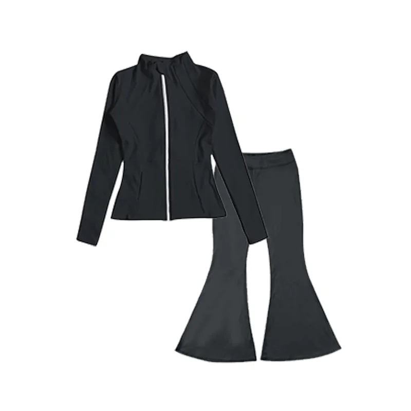 Preorder GLP1559 NO MOQ black slim long sleeve top flared trousers