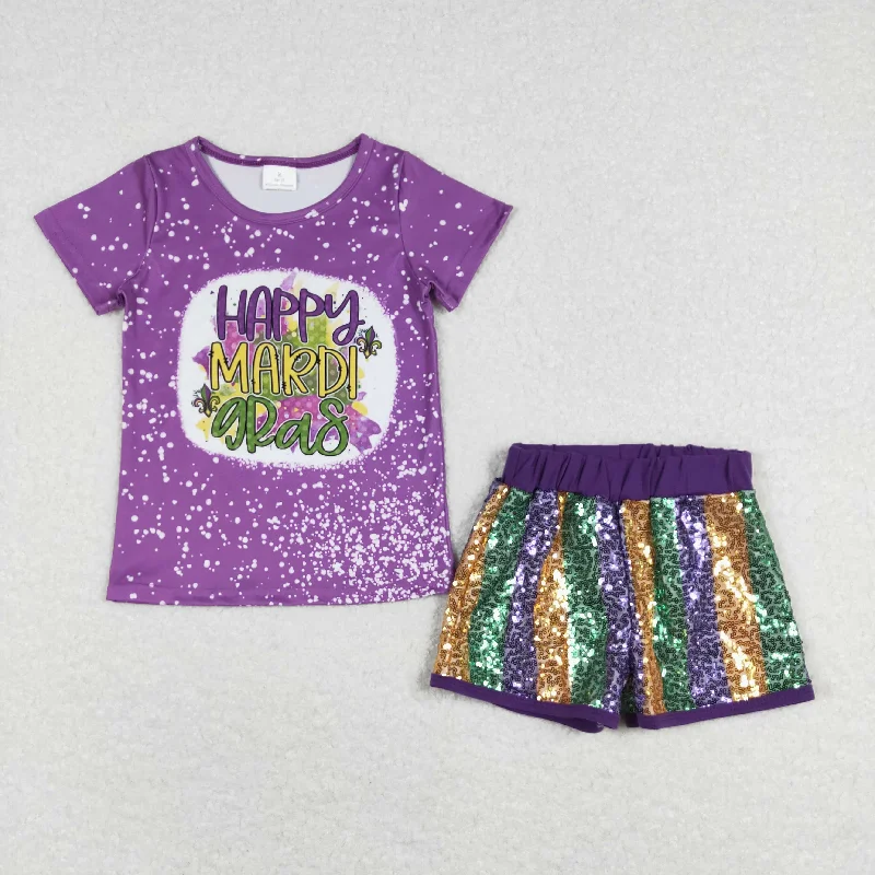 GSSO0528 Baby Girl Happy Mardi Gras outfit Purple short sleeve Top sequin shorts Girls Boutique outfits 202412