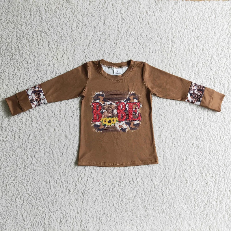 GT0066 Brown Babe Highland Cow Sunflower Western  Boys Long Sleeve Top T-shirts