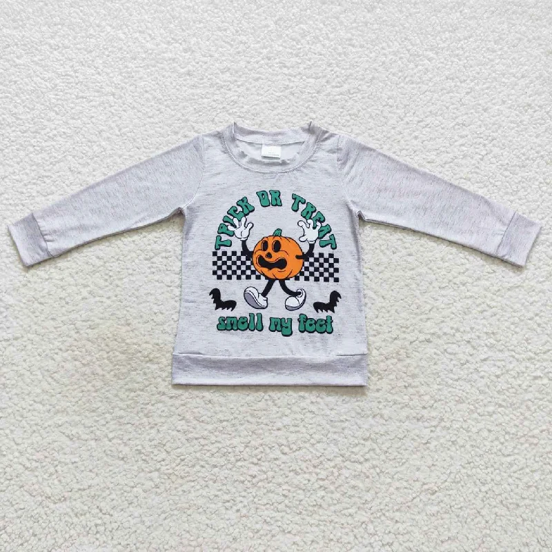 BT0320 Halloween Grey Pumpkin Boys Long Sleeve Top T-shirts