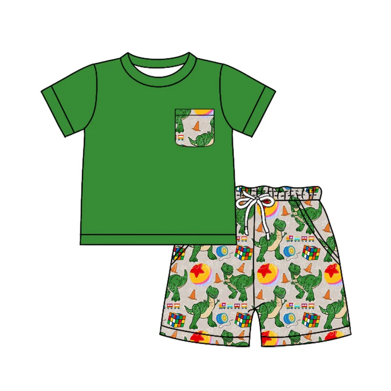 Preorder BSSO1254 Green Dinosaur Outfit Short sleeve Top Shorts Boys boutique summer sets 202501