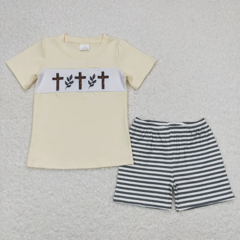 BSSO0459 Easter Boutique Cross Beige Yellow short sleeve top black striped shorts set boutique boy clothing sets summer outfit RTS 202501