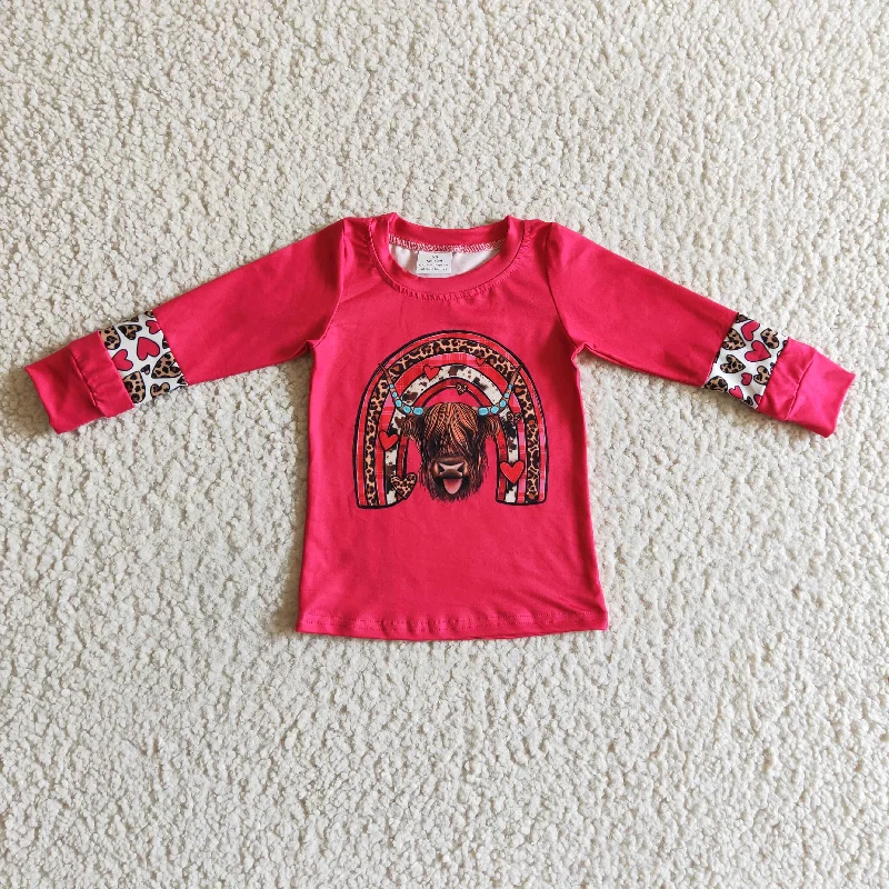 GT0067 Valentine Pink Rainbow Love Leopard Highland Cow Sunflower Western Girls Long Sleeve Top T-shirts