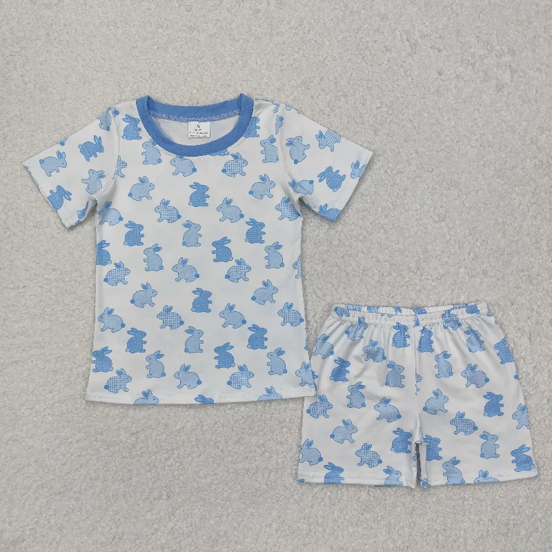 BSSO1163 Blue Short sleeve top shorts outfit with rabbits Easter outfit Boy Boutique Set RTS 202412