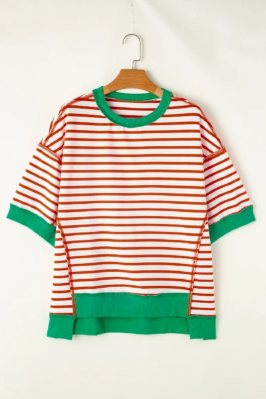 Preorder GT0708 NO MOQ adult women's brown striped green wrapped short sleeve top