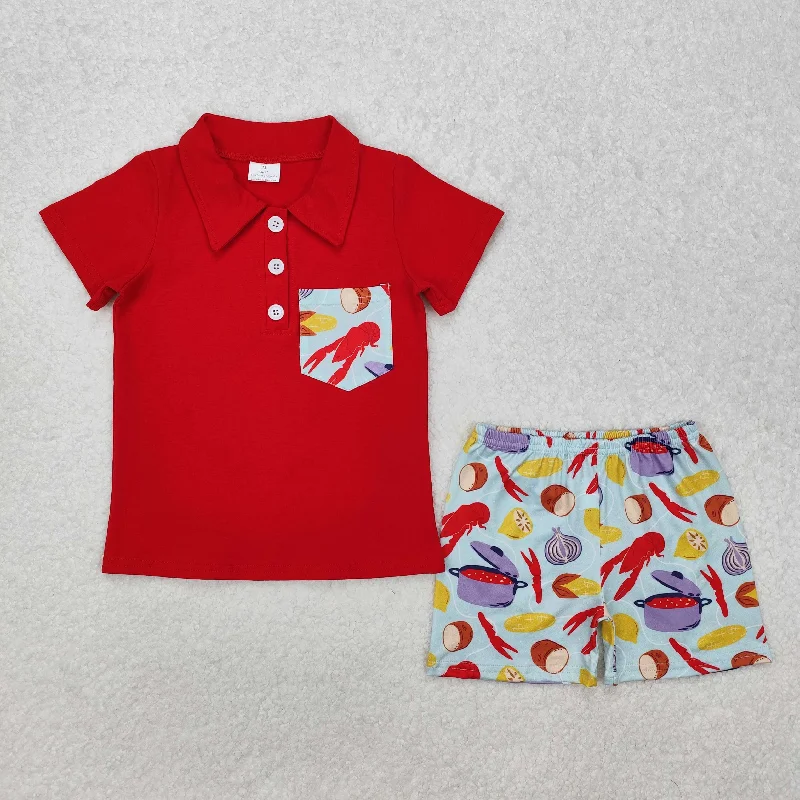 BSSO1188 Red Polo short sleeve top cooking lobster shorts Outfit Mardi Gras Boys boutique outfit 202501