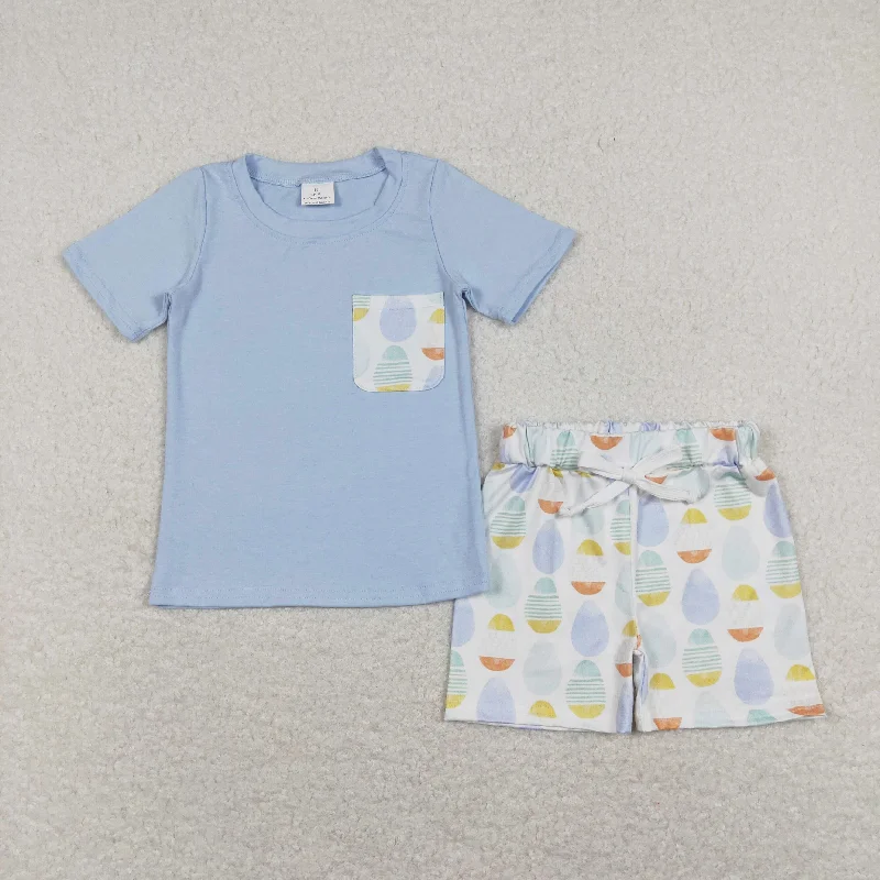 BSSO0525 Easter Egg Blue White short sleeve top shorts set boutique boy clothing sets summer outfit RTS 202501