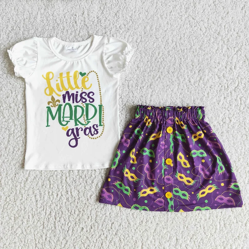 E5-5 Mardi Gras clothing White short sleeve top purple skirts Girls Boutique outfits 202501