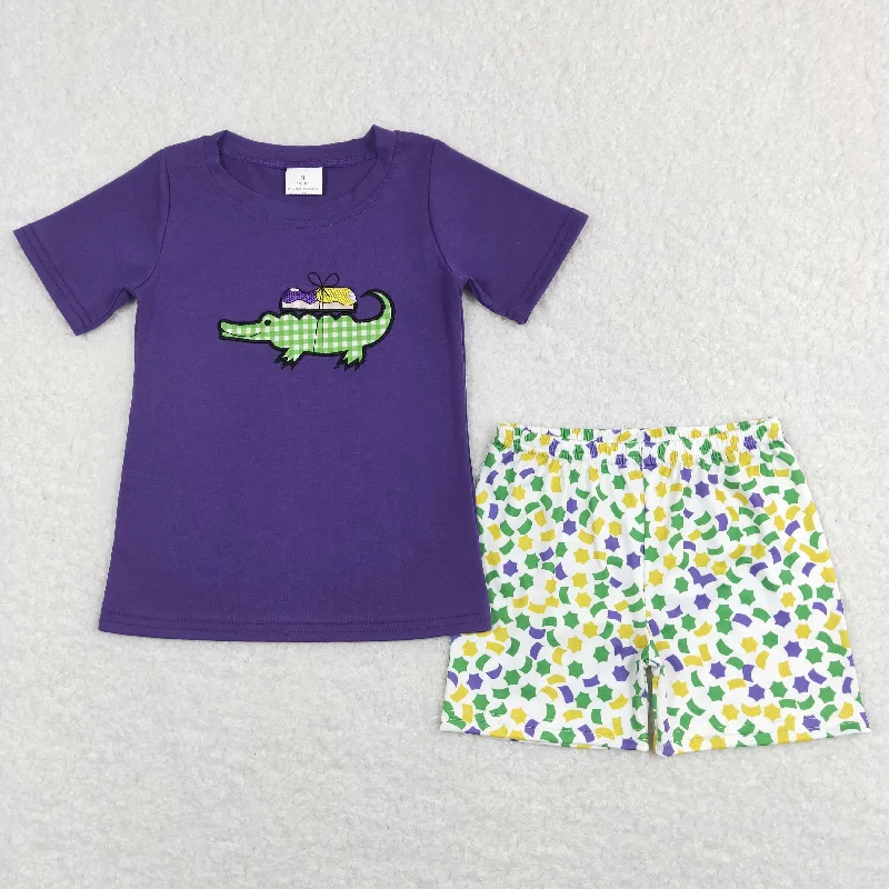 BSSO0410 Mardi Gras clothing crocodile printed Purple short sleeve top colored shorts Boys Boutique outfits 202501