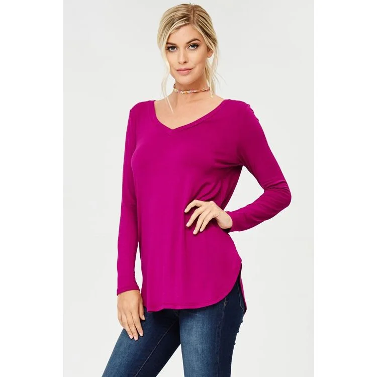 Magenta V-NECK LONG SLEEVE SOLID TOP