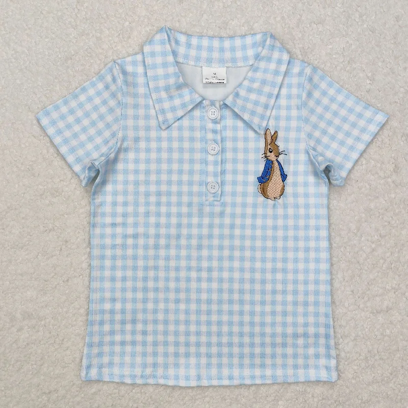 BT1095 Easter Bunny outfit Light Blue Plaid Polo short sleeve top Baby Boy boutique outfit 202501