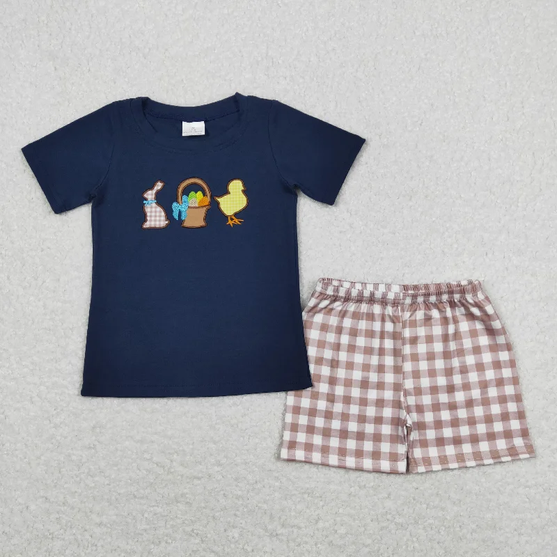 BSSO0364 Easter Egg Bunny Navy Blue short sleeve top brown plaid shorts set boutique boy clothing sets summer outfit RTS 202501