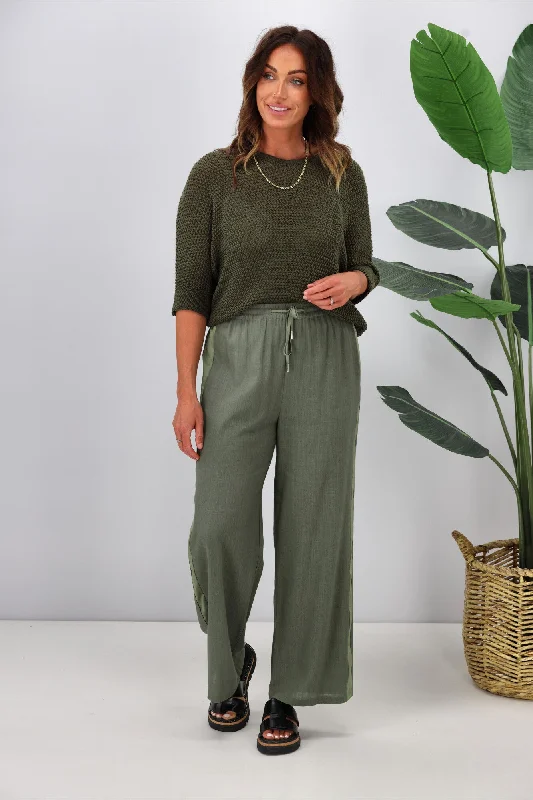 Jane James Renee Linen Look Pant With Satin Stripe Sage