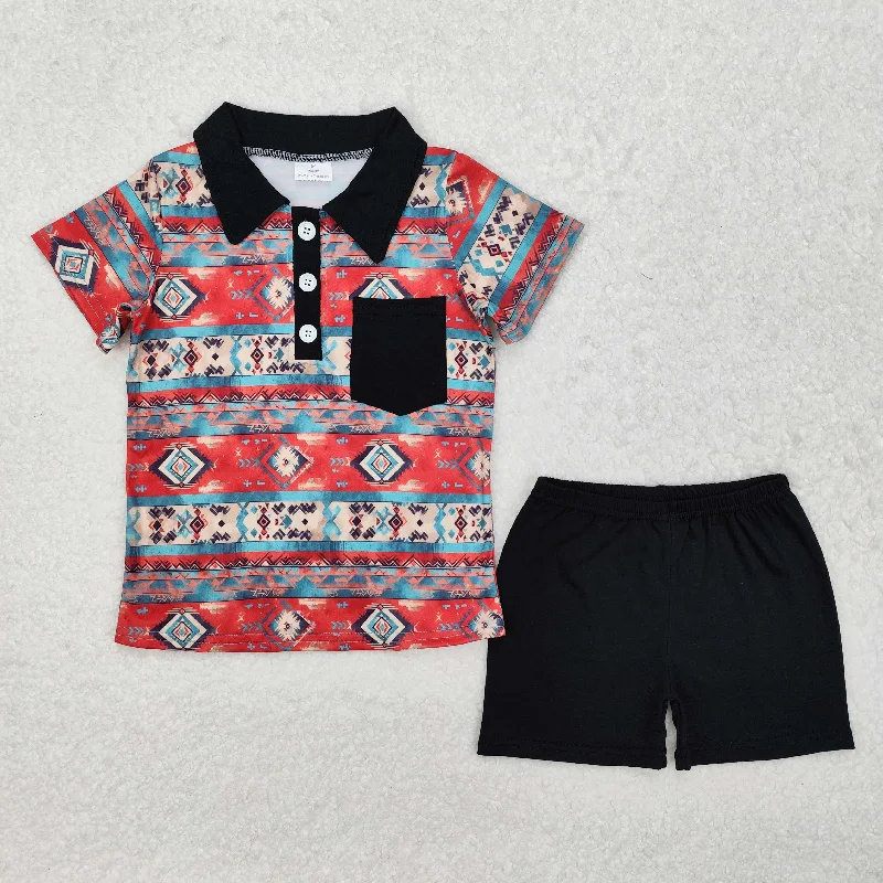 BSSO1140 Red Black Polo Short sleeve top shorts outfit with pocket Boy Boutique Outfit  RTS 202412