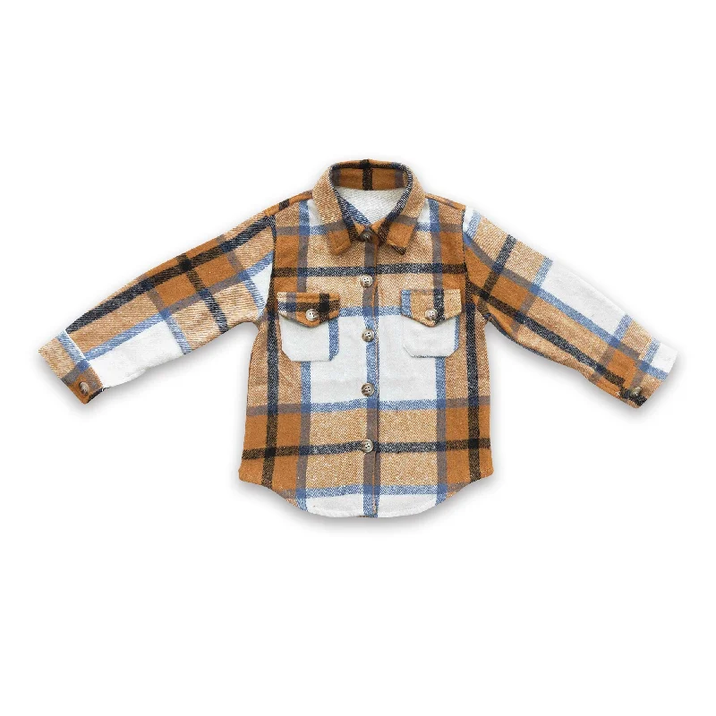 Khaki blue plaid cotton pocket boy super flannel button up shirt