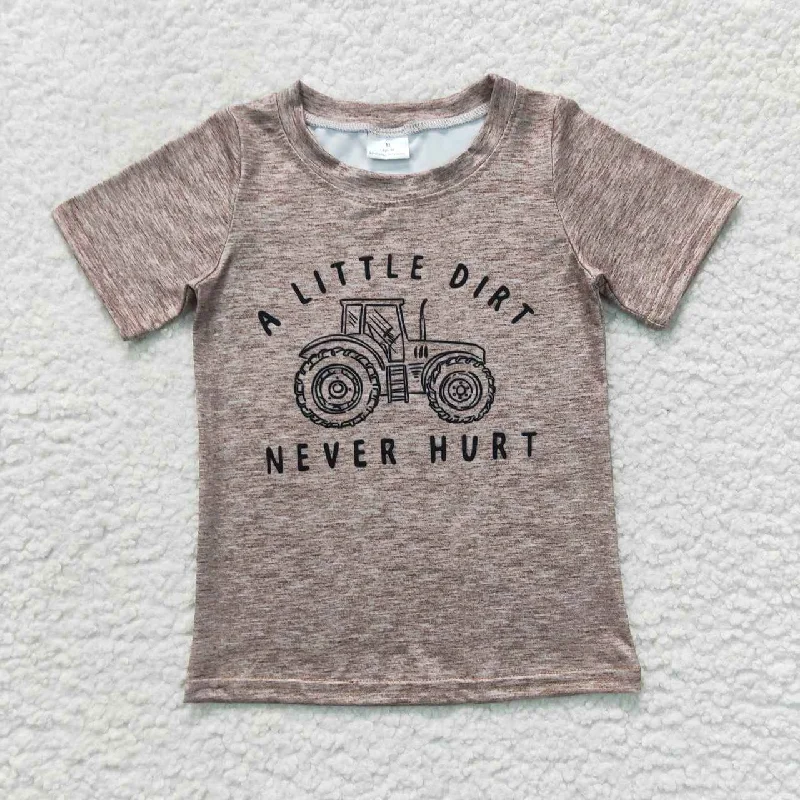 BT0360 A Little Dirt Never Hurt Letter tractor Baby Boy Brown Short sleeve Top boutique summer sets 202501