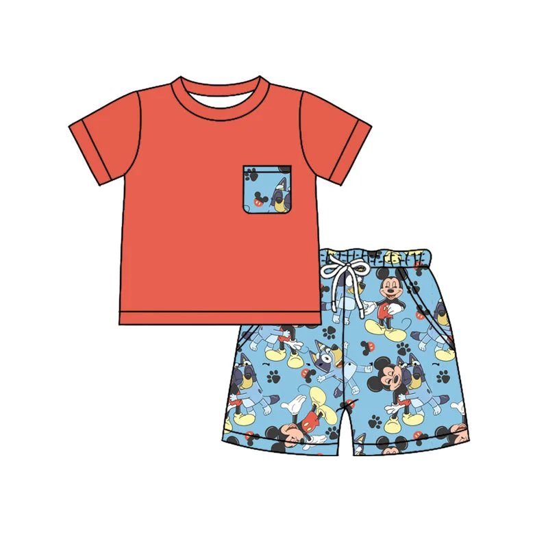 Preorder BSSO1252 Cartoon Mickey Mouse Outfit Orange Short sleeve Top Shorts  Boys boutique summer sets 202501