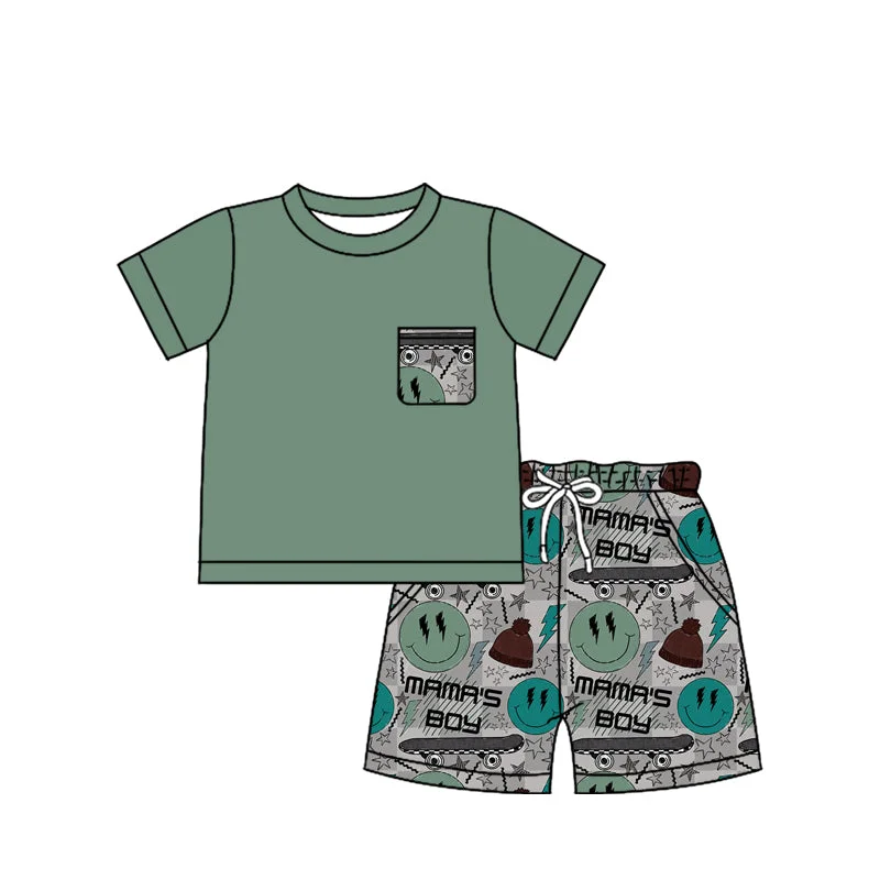 Preorder BSSO1260 MAMA'S Boy Dark Green short sleeve top shorts Summer clothes  Baby Boys boutique outfit 202501