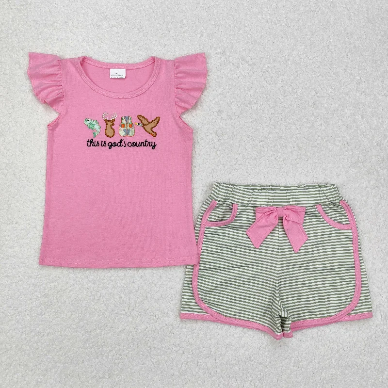 GSSO1614 Pink Embroidery Cartoon Pattern short sleeve top Grey striped shorts outfit Easter baby girl Boutique Outfit RTS 202412