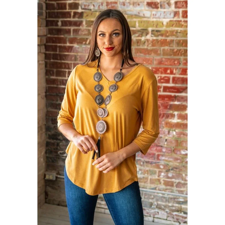 Dark Mustard V-neck top, round slide slit hem