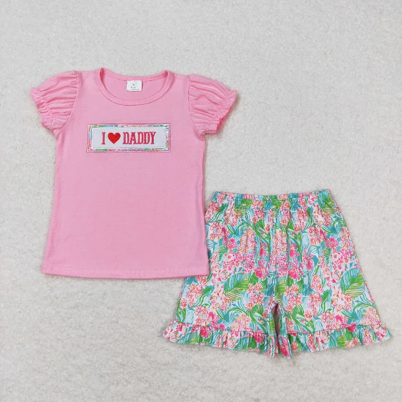 GSSO0658 Hot Pink Embroidered I love Daddy Short Sleeve top flower ruffle  shorts Girls boutique summer outfit 202501