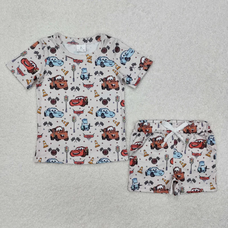 BSSO1233 Cartoon Cars beige short sleeve top shorts boy boutique summer outfit 202501