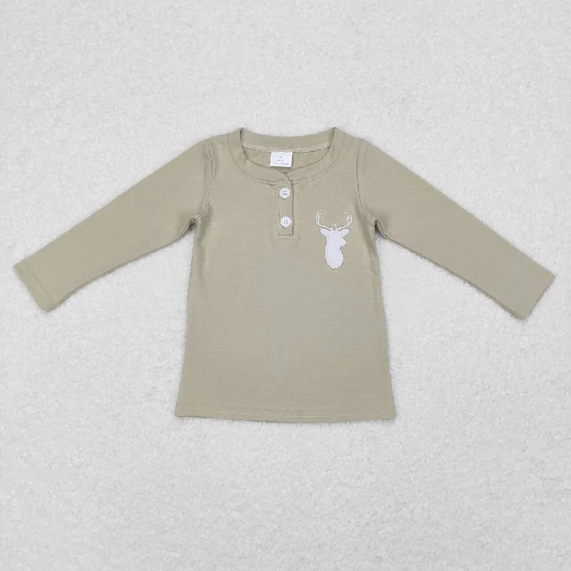 GT0352  Grey Deer   Embroidery Girls Long Sleeve Top T-shirts