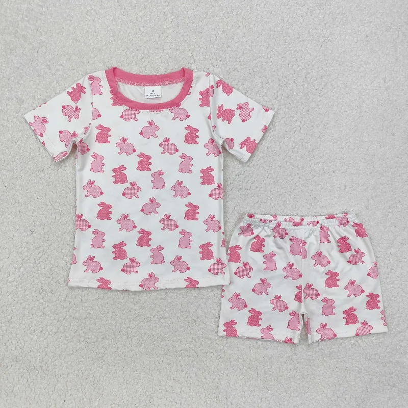 GSSO1700 Easter outfit sets Girl clothes Pink Short Sleeve top shorts with rabbits Outfits RTS 202412