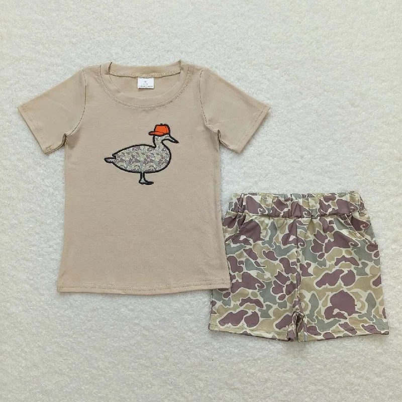 BSSO0781 Embroidered duck hunting clothes  beige short sleeve top camouflage shorts boy boutique summer outfit 202501