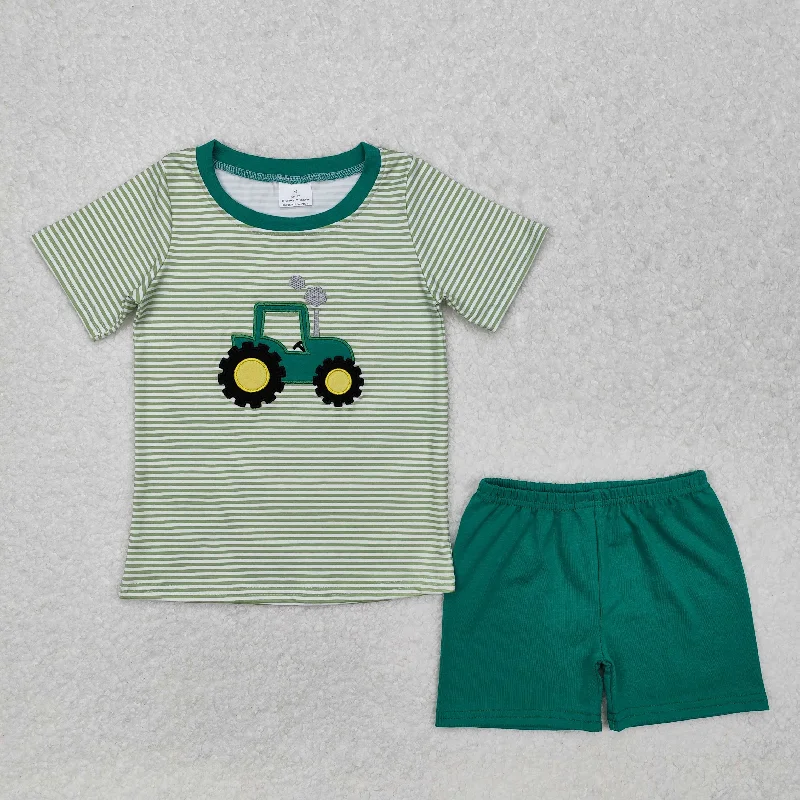 BSSO1184 Embroidery truck Boutique Outfit Green striped short sleeve top plaid shorts  Boys boutique outfit 202501