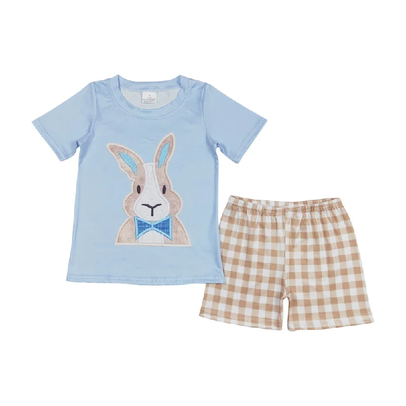 BSSO0276 Light Blue Short sleeve top Orange check shorts outfit with Embroidery Rabbits Easter Boy Boutique Outfit  RTS 202412