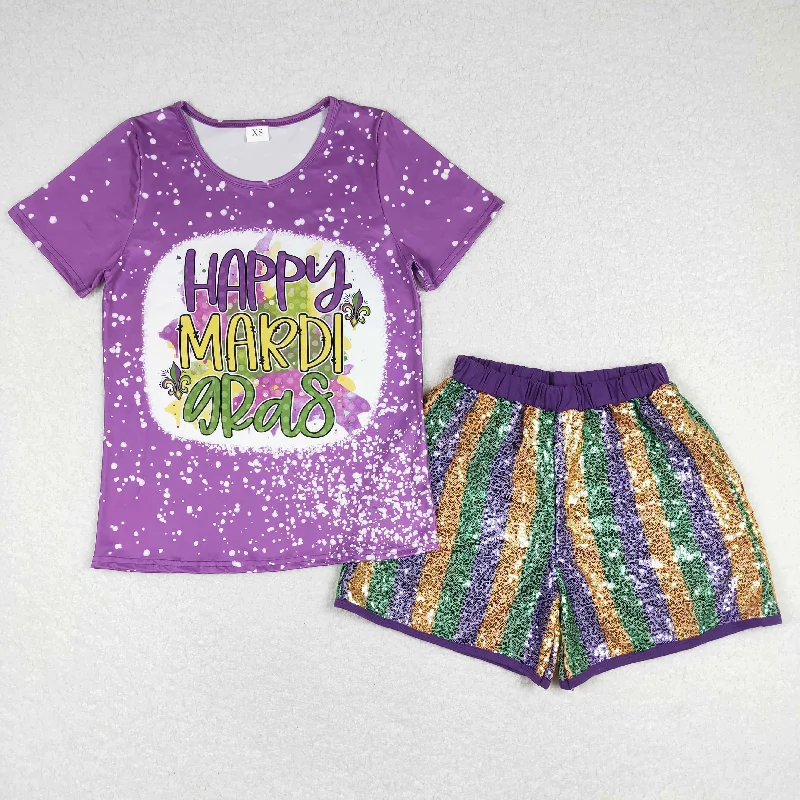 GSSO0529 MAMA'S Happy Mardi Gras outfit Purple short sleeve Top Sequin Bell Bottom Shorts Girls Boutique outfits 202412