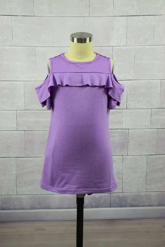 Girls Lavender Cold Shoulder Ruffle Top