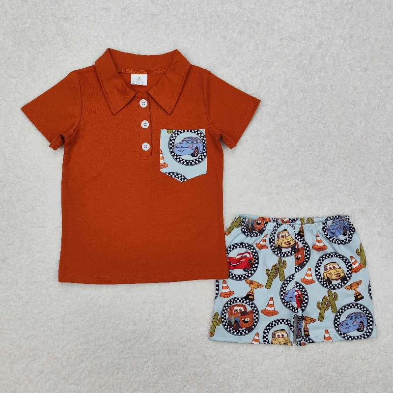 BSSO1210 orange brown Polo short sleeve top car cactus shorts Outfit western rodeo Boys boutique outfit 202501