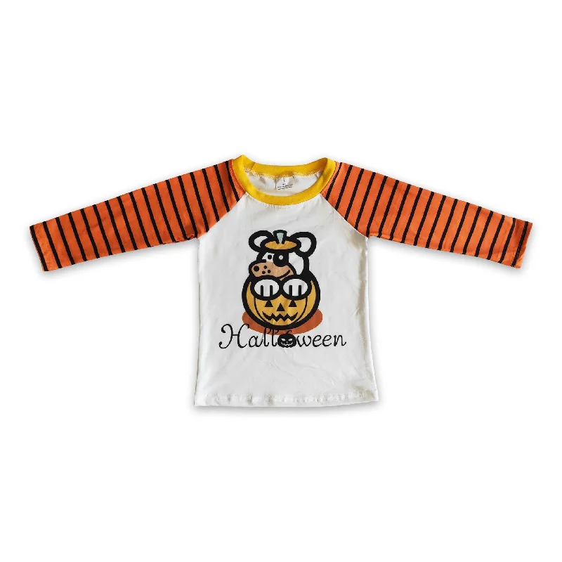 Pumpkin print orange stripe sleeves boy Halloween shirt