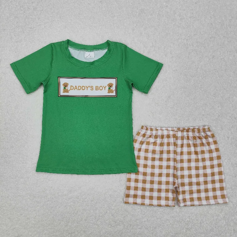 BSSO1131 Daddy‘s Boy Green short sleeve top Brown check shorts Boys Boutique outfits 202501