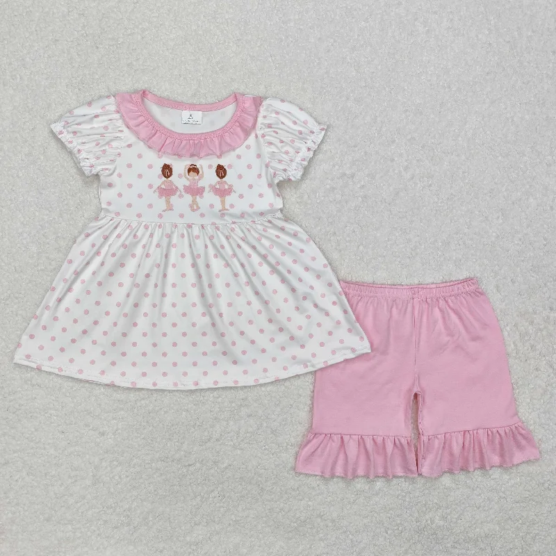 GSSO1732 White dot Hot Pink Ruffle short sleeve top shorts with dancing girls boutique outfit  202501