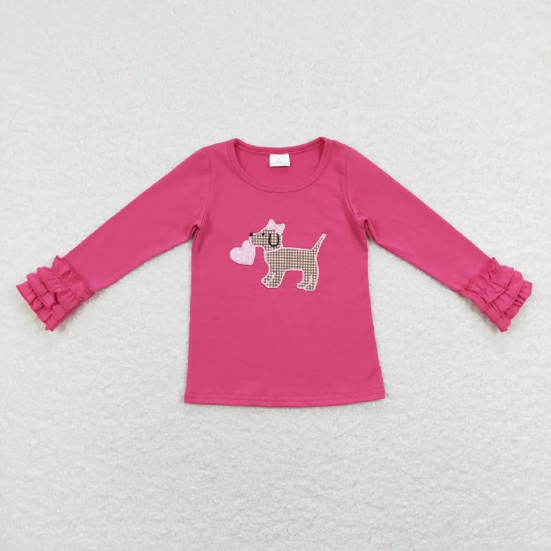 GT0409 Valentine Love Dog Embroidery Girls Long Sleeve Top T-shirts