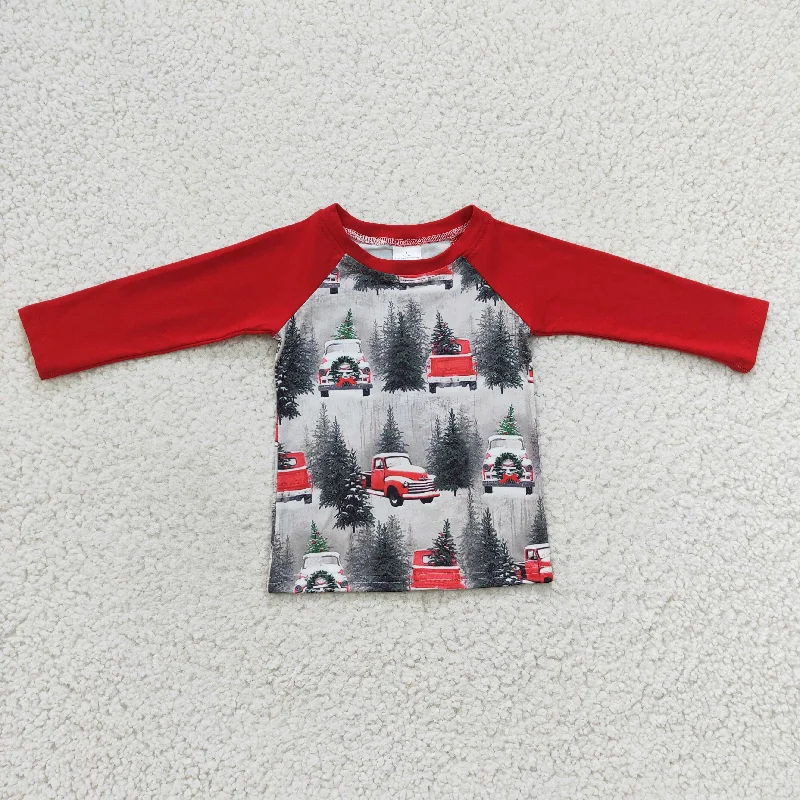 6 A1-21 Merry Christmas Tree Car Red Plaid Boys Long Sleeve Top T-shirts