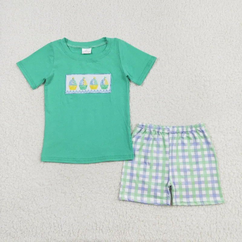 BSSO0887 Embroidery sailboat Easter outfit Mint Green short sleeve top shorts Boys boutique outfit 202501