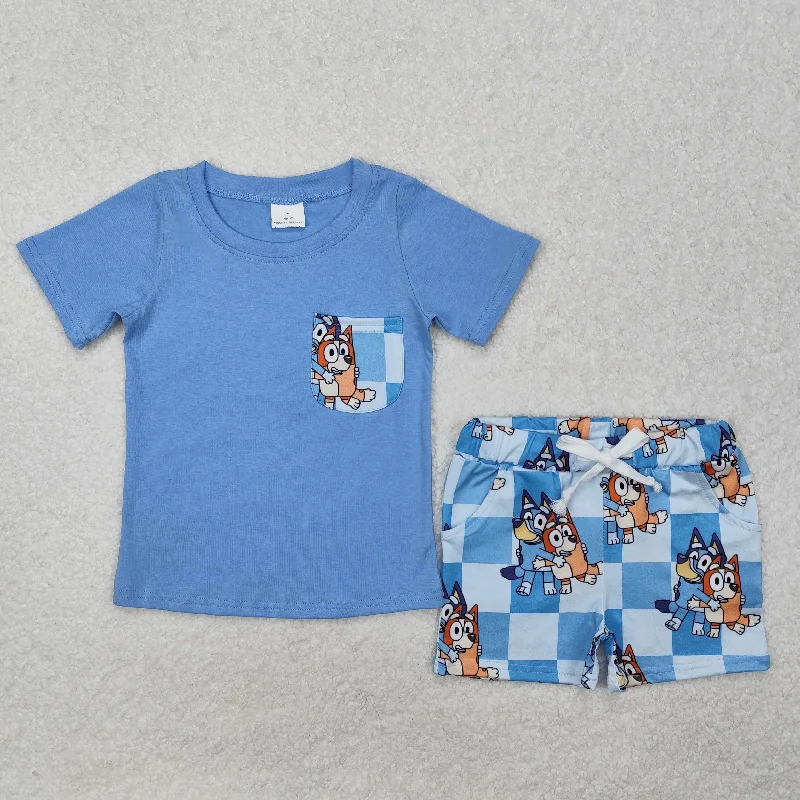 BSSO1211  Cartoon Bluey Pattern Blue Short sleeve top shorts boy boutique summer outfit 202501